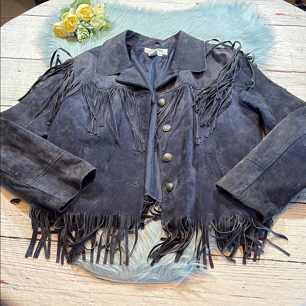 Back In The Saddle Blue 100% Leather Suede Fringe Cowboy Jacket sz XL